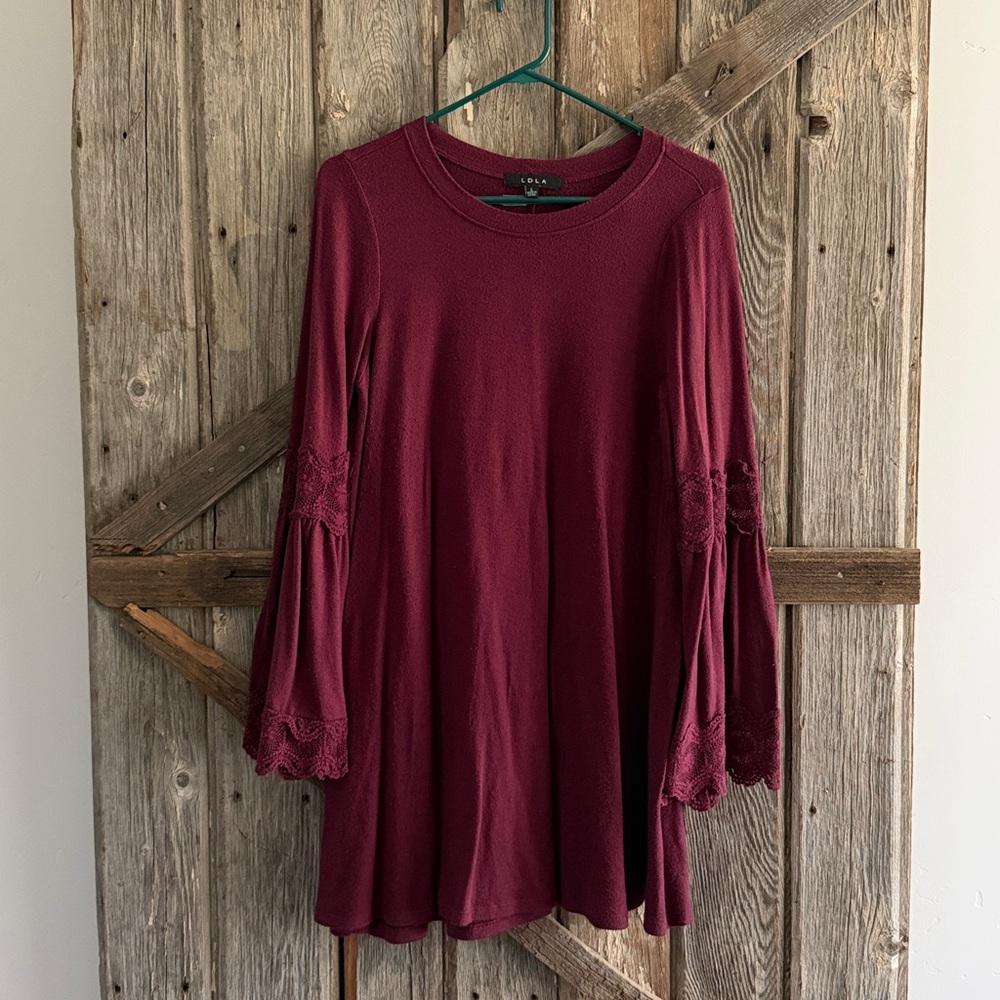 Burgundy Long Sleeve Tunic with Lace Details